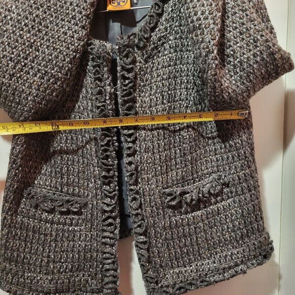 Tory Burch Retail $595 Grey Blue Tweed Pattern Fringe Trim Jacket Size 8 - Picture 2 of 10